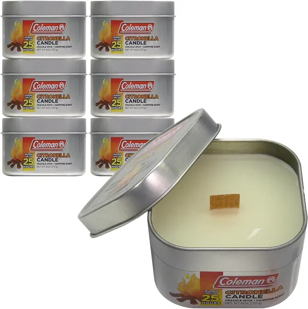 Coleman Scented Outdoor Citronella Candle with Wooden Crackle Wick, Campfire Scent, 6