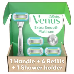 Gillette Venus Platinum Extra Smooth Metal Handle Women's Razor Handle + 4 Blade Refills