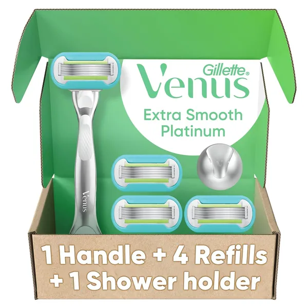 Gillette Venus Platinum Extra Smooth Metal Handle Women's Razor Handle + 4 Blade Refills