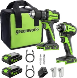 Greenworks 24V Cordless Brushless Drill/Driver+Impact Driver Combo, 2