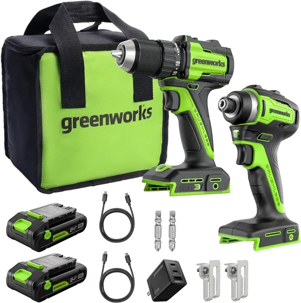 Greenworks 24V Cordless Brushless Drill/Driver+Impact Driver Combo, 2