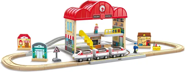 Hape Portable Wooden Train Station Set, Children's Train Set