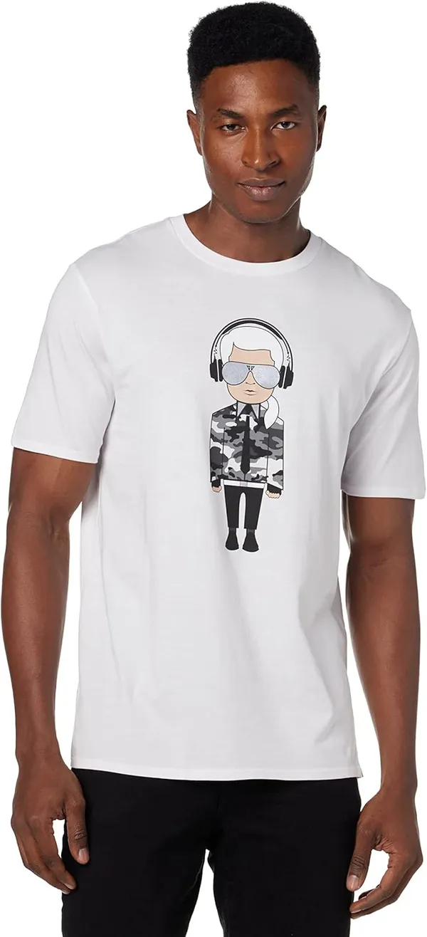 KARL LAGERFELD Paris Mens Reflective Karl Chacracter with Headphones Short Sleeve Crew Neck T-Shirt