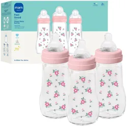 בקבוקי תינוק מזכוכית פרימיום MAM, מעבר קל בין הנקה לבקבוק, זרימה בינונית נוחה, חובה לתינוקות, 9oz, 3 יחידות