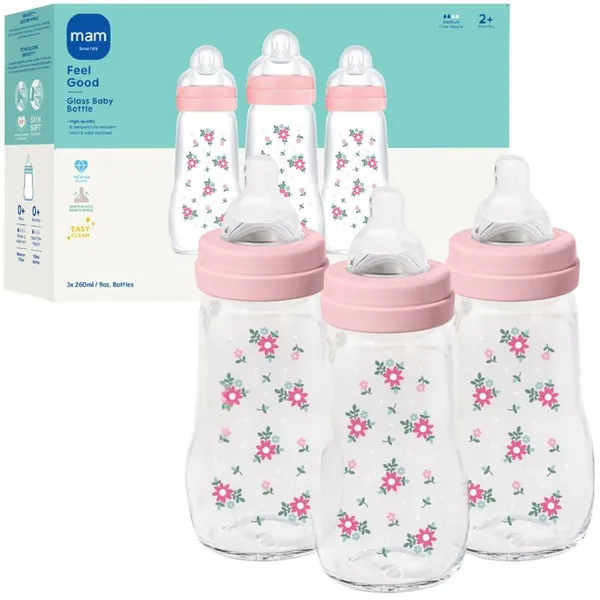 MAM Premium Glass Baby Bottles, Easy Switch Between Breast and Bottle, Feel Good Medium Flow, Newborn Essentials Must Have, 9oz, 3 Pack