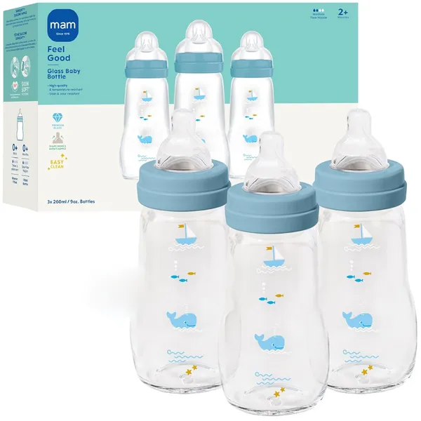 MAM Premium Glass Baby Bottles, Easy Switch Between Breast and Bottle, Feel Good Medium Flow, Newborn Essentials Must Have, 9oz, Boy, 3pack