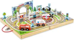Melissa & Doug עיר שולחנית מעץ 18 חלקים, 4 כלי רכב הצלה