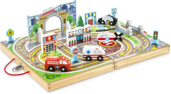 Melissa & Doug עיר שולחנית מעץ 18 חלקים, 4 כלי רכב הצלה