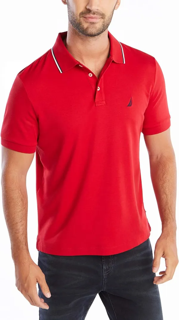 Nautica Classic Fit חולצת פולו עם צוואון ופסים ושרוול קצר