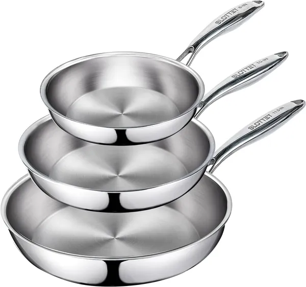 SLOTTET Frying Pan Set(8+10+11.5inch) Tri-Ply Stainless Steel Frying Pan